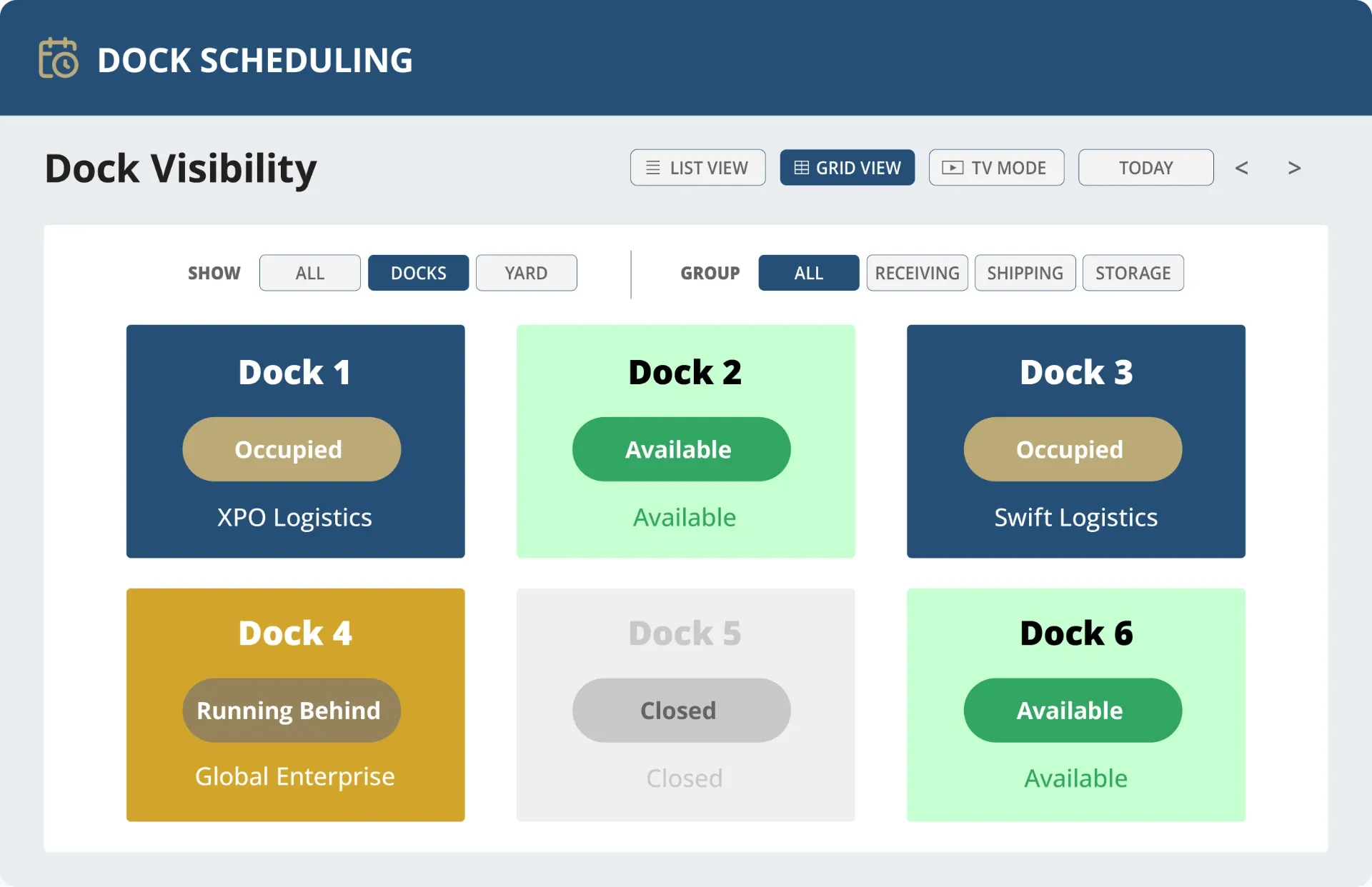 FULL DOCK VISIBILITY — DOCK SCHEDULING interface